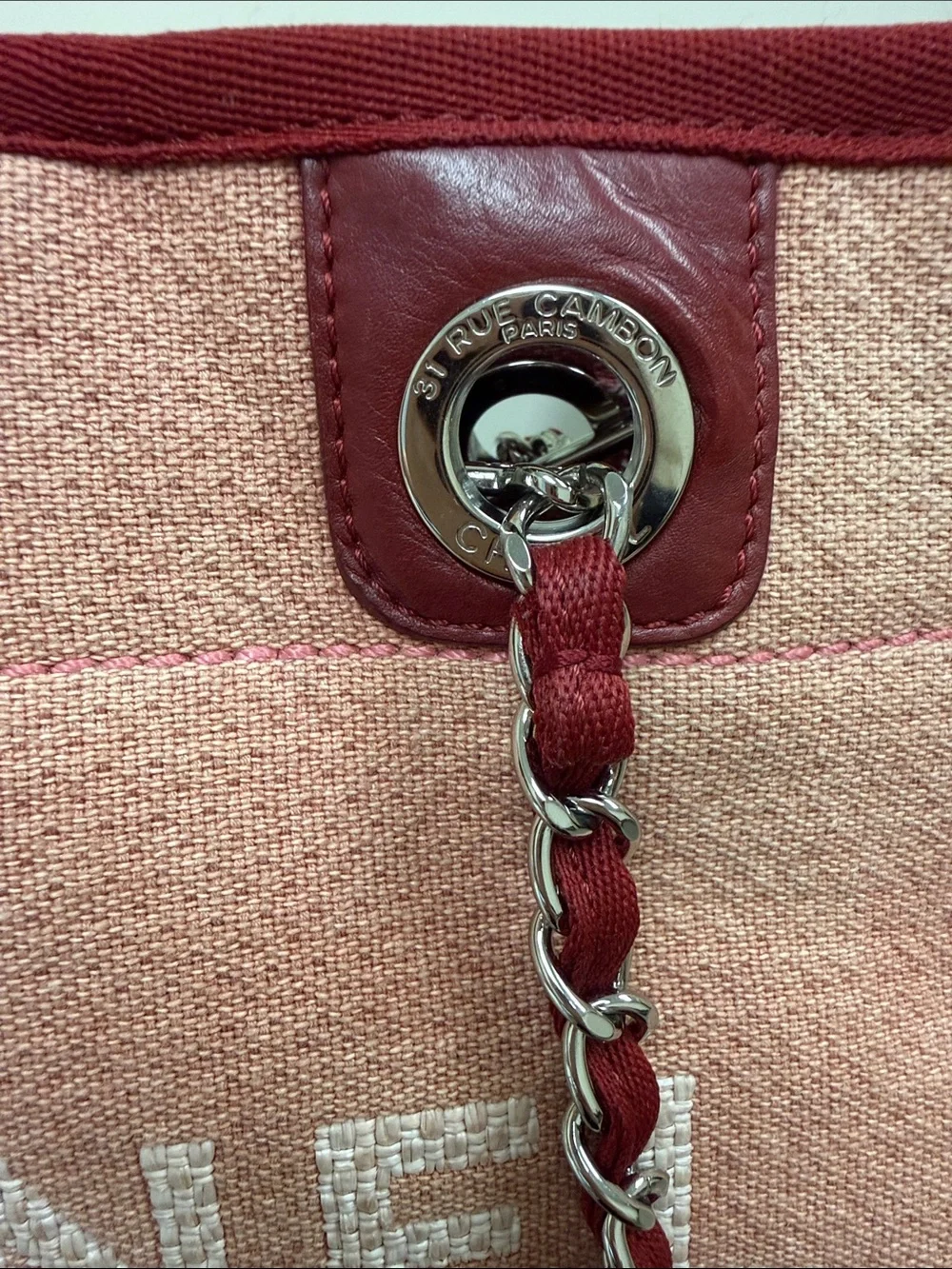 CHANEL Pink Canvas Tote with Burgundy Trim and Chain Handles